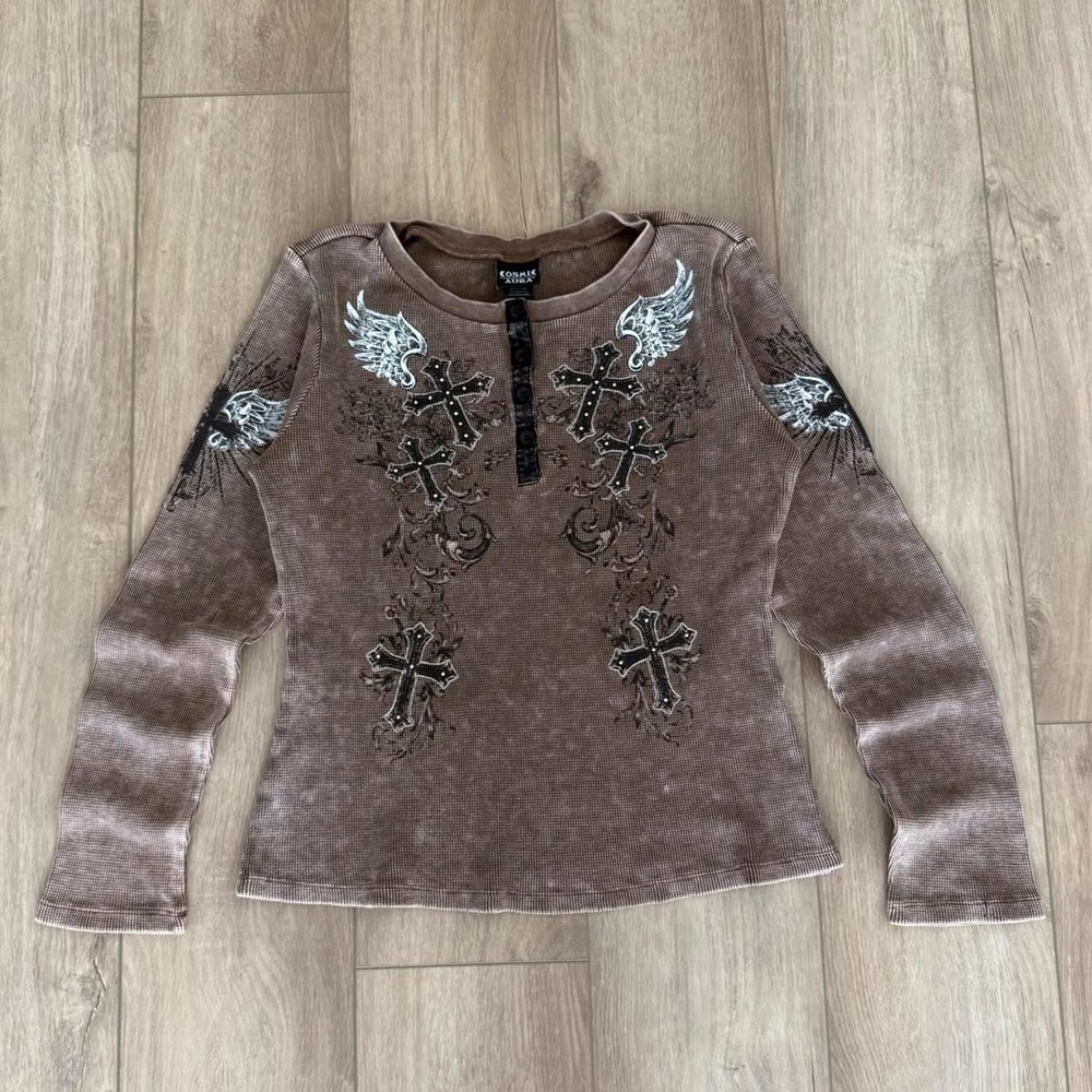 Y2K style Cosmic Aura washed Brown long sleeve shirt black & silver cross Large